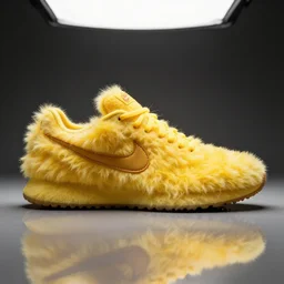 nike shoe made of very fluffy yellow faux fur placed on reflective surface, professional advertising, overhead lighting, heavy detail, realistic by nate vanhook, mark miner