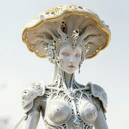 intricate hyper detailed ultra sharp 3 d render of a beautiful porcelain woman portrait, medium shot portrait, beautiful natural bright light, unity of mood, cyberpunk white silver armor, haute couture huge fractal gold mycelum and crystal pore fungi embroidered head ornaments, alexandre ferra mecha, leaves stems filigree roots, art nouveau, octane render, volumetric cinematic lighting, 8 k, vray tracing