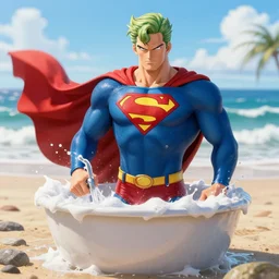 superman taking a bath at the beach, trunks, realistic, highly detailed