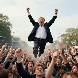 megalomaniac geert wilders levitating and raising both his arms amid epic crowd
