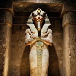 photograph of an ancient egyptian statue of danny devito inside an ancient tomb, kodachrome, ominous