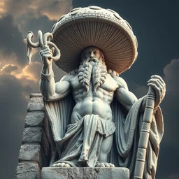 magnificent shrigma the mushroom deity as depicted in a colossal marble statue ( with godlike bodybuilder physique ) left by ancient greeks, eldritch statue of a mushroom god with cute large mushroom hat, hdr, 8 k, dslr, surreal photo, artstation