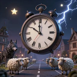 clock floating in the sky, stars with teeth, evil wolf in town square, sheep on a road with claws, midnight scene, detailed, 3 d, intricate details, gothic, by vincent di fate, artgerm, smooth gradients, octane render, 8 k, volumetric lightning, high contrast, depth of field