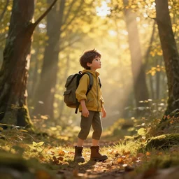 adventure boy in a forest during the golden hour in autumn, volumetric sun rays and dust, highly detailed 4K fantasy matte painting by Thomas Kinkade, ArtStation, CGSociety, Unreal Engine