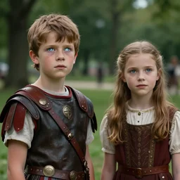 sharp, highly detailed, film from a 2 0 1 9 sci fi 8 k movie, time travelers appear in a park, a boy from the roman empire and a girl from 1 8 7 0, each wearing correct era clothes, atmospheric lighting, in focus, reflective eyes, 3 5 mm macro lens, live action, octane, nice composition