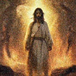 jesus anime style standing in front of hell , badass, mega detailed, volumetric lighting, golden hour, sharp focus, ultra detailed