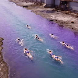 overhead view of bodies swimming in an iridescent tide oil slick at the edge of a disaused factory faded, depth of field, purple gradient, ultra realistic, very detailed, glitch, by nadav kander, 8 k hyper realistic detailed cinematic