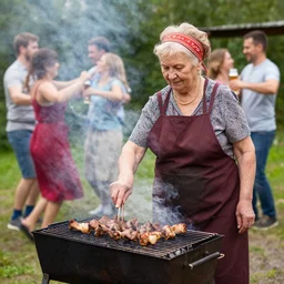 a babushka grilling meat on a barbeque, people are dancing and having fun with beers in their hands
