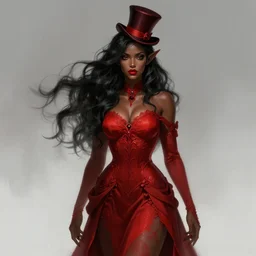alluring pyromancer elf girl full body portrait, crimson dress, pelt, small top hat, red lipstick, dark skin, black wild hair, high fantasy, intricate, elegant, highly detailed, digital painting, artstation, concept art, smooth, sharp focus, illustration, art by afshar petros, krenz cushart, artem demura