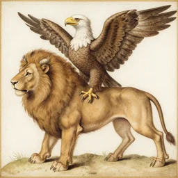 a creature with the body and eyes of a man, with the beak of an eagle, the mane of a lion, and the horns of an ox. drawn by da vinci