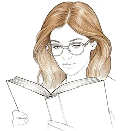 clean line art of a woman with light brown hair and glasses reading books. well composed, clean coloring book page, beautiful detailed face. coloring book line art by johanna basford and alphonse mucha
