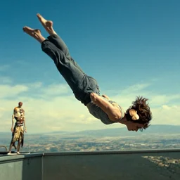 a woman in a plank position free falling through the air, film still from the movie directed by Denis Villeneuve with art direction by Salvador Dalí, wide lens