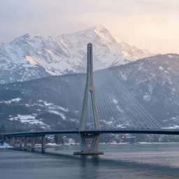 bandra - worli sea link in switzerland, cable stayed bridge, snow mountains, snowfall, soft light, sunrise, cinematic, high resolution, ultra detailed, stunning shot