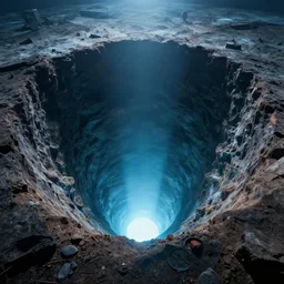 cinematic view of deepest hole on earth volumetric light