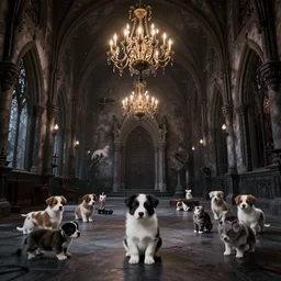 gothic hall with large chandeliers under the ceiling, horror style, with puppies and kittens everywhere