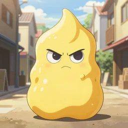 the mayo man, angular humanoid blob of mayonnaise, angry eyes, shaded out eyes, 2 0 0 1 anime, flcl, golden hour, japanese town, y 2 k aesthetic