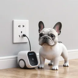 a robotic French bulldog recharging beside a wall 120VAC outlet