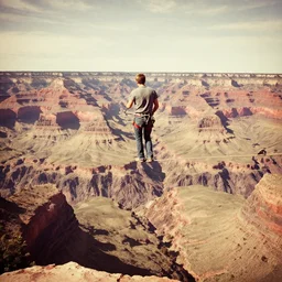 man walking a tightrope between grand canyon vintage photo