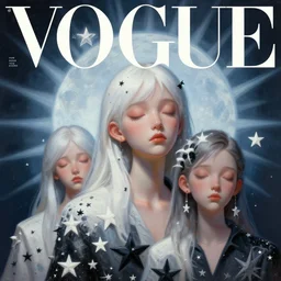 3 d, close - up, white and black stars, bored fashion model, light blue moon rays, vogue cover style, soft shadows, cinematic, poster art, hyper detail, intricate oil painting, multiple exposure, night mood, 3 d, by tooth wu and wlop and beeple and greg rutkowski