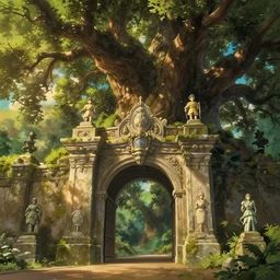 epic city gate out of a mighty oak forest, beautiful architecture, statues, fine detailed, atmosphere, golden hour, fantasy, cinematic composition, close up, low angle, photorealistic, octane render, by miyazaki, studio ghibli