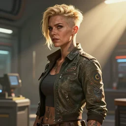 science fiction, 3 / 4 side view, tattooed awkward flustered brilliant anxious muscular blonde butch tomboywoman engineer with short heroic undercut blonde hair, middle aged, aviator jacket, extremely detailed, cinematic lighting, illustration, digital art, crepuscular ray, trending on artstation, art by greg rutkowski, golden ratio