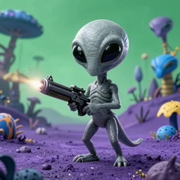grey alien with large black eyes holding an energy rifle on an alien planet with purple soil, green sky, blue and yellow fauna, alien creatures in the background, 3d render, Unreal Engine, octane render, ray tracing, Unity, highly detailed, high quality, HD, 4k, 8k, realistic, sharp, trending - H 768