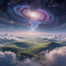 a psychedelic realm with rolling plains made out of clouds, and torn rift in the sky that leads into another galaxy in another universe, in the style of wlop, illustration, epic, fantasy, hyper detailed, smooth, unreal engine, sharp focus, ray tracing