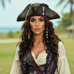 an award winning outdoors portrait photo of tanned caterina murino wearing pirate vest as a 1 7 0 0 s dirty caribbean olive tanned pirate with black silk hair, slightly big nose defined jaw, very beautiful, smug face, blue eyes, wearing a vest and short coat, sunset, movie color graded