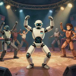 robot breakdance party, studio ghibli, highly detailed, wide angle shot