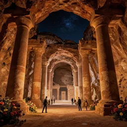 a the inside of a massive cave filled with old roman buildings, underneath a star filled night sky, harold newton, zdzislaw beksinski, donato giancola, warm coloured, gigantic pillars and flowers, maschinen krieger, beeple, star trek, star wars, ilm, atmospheric perspective
