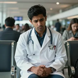 Anxious good looking young Indian doctors in American clothes waiting at an airport, by Feng Zhu, highly detailed, excellent composition, cinematic concept art, dramatic lighting, trending on ArtStation
