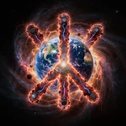 a peace sign made from a supernova explosion, earth caught in the middle, ultrarealistic, dramatic lighting, electrical details, high details, 4 k, 8 k, best, accurate, trending on artstation, artstation, photorealism, ultrarealistic, space photography