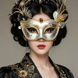 portrait of a woman wearing a mask, elegant, fancy clothing, ornaments, highly detailed, full - color, beautiful, mesmerizing, concept art, artstation, trending, by hideyuki morioka, akio watanabe, ito ogure, vofan, greg rutkowski, victo ngai, artgerm