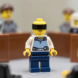 blindfolded lego minifigure stands trial, documentary reenactment