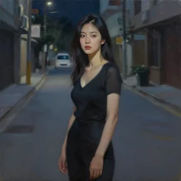 dark oil realistic painting portrait of a beautiful woman standing in an empty street asian street by night