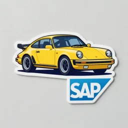 sticker on a wall of a porsche 9 1 1 yellow and blue as the sap logo, cartoon style
