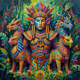 a sculpture of mythical creatures, colorful style graffiti shapes and structure, intricate line work, warrior face emerging from jungle, in the style of james jean, visionary artist, shamanic art, concept art, award winning acrylic painting, ambient occlusion, digital art,
