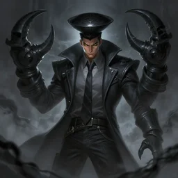 a highly detailed illustration of korean man with bowl cut black hair wearing tie with giant black claws, wielding giant black fog claws pose, yellow eyes, tired expression, foggy black mist surrounding background, intricate, elegant, highly detailed, centered, digital painting, artstation, concept art, smooth, sharp focus, league of legends concept art, wlop.