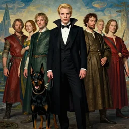 realistic detailed portrait movie shot of an elegant blond male vampire with a doberman on a leash, sci fi landscape background by denis villeneuve, amano, yves tanguy, alphonse mucha, max ernst, caravaggio, roger dean, masterpiece, rich moody colours, dog teeth, blue eyes