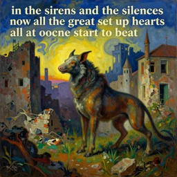 bright dramatic lighting colorful surrealist symbolist oil painting titled'in the sirens and the silences now all the great set up hearts all at once start to beat ', magical realism symbolist, ruined city landscape with hybrid animal protagonist, painted by arnold bocklin and odilon redon and max ernst, shocking detail trending on artstation 8 k
