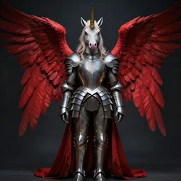 sad woman hybrid unicorn horn and red wings, calm, funeral, full body armor, metallic, ultrarrealistic, cinematic lights, high detail, fantasy classic digital art, mucha