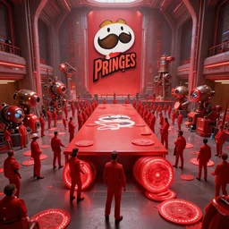 grand interior of congress of beings, people dressed in red rolls, party, red glowing big chips rolls, 3D Figures, machines, big table in the center, Pringles Logo , huge architecture, 8k, in the style of christopher Nolan, Cinematic composition, sci-fi
