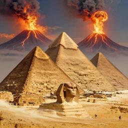a beautiful and highly detailed digital painting of the cairo pyramids with a volcano eruption, intricate details, epic scale, hyperdetailed, hyperrealism, artstation, cgsociety, 8 k, sharp focus, by caspar friedrich, albert bierstadt, james gurney