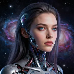 woman portrait made out of galaxies, beautiful, cyborg, comic book art, realistic, highly detailed, octane render