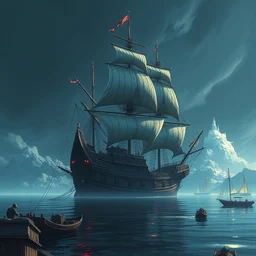a beautiful painting of a solitary monstrous sail ship anchored at harbor, by brom, trending on artstation, beastly, predator, organic, masterpiece, hyper detailed, intricate, multiple angles, unreal engine, 4 k