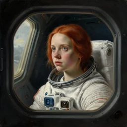 a window - lit realistic portrait painting of a thoughtful girl resembling a young, shy, redheaded alicia vikander or millie bobby brown wearing a spacesuit by a lit spacecraft window, highly detailed, intricate, by vermeer, and donato giancola