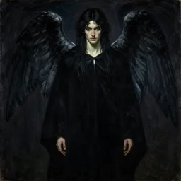 Say who is this with black hair so dark and thin? beautiful lone single Male!! angel, Hades Death, in the style of Jean Delville,black glowing cloak, Fernand Keller, Fernand Khnopff, oil on canvas, 1896, 4K resolution, aesthetic, mystery