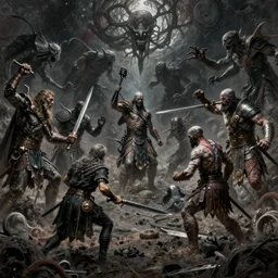 an ultra detailed matte landscape painting of the hunter from bloodborne teaming up with kratos from god of war, killing the great ones, epic fantasy, grimdark realism, cosmic horror, liminal space, ultrawide lens, intricate, highly detailed, digital painting, artstation, concept art, sharp focus, octane render, art by greg rutkowski and rembrandt, 8 k