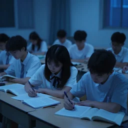 students studying in a classroom at night time, blue tint