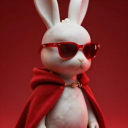 rabbit groot as marble statue, red sunglasses, in red background, soft red texture cape, red realistic 3 d render, high red lights, 4 k, high detailed photography red, 5 0 mm lens, rich red colors, smooth gradients, depth of field, cinematic